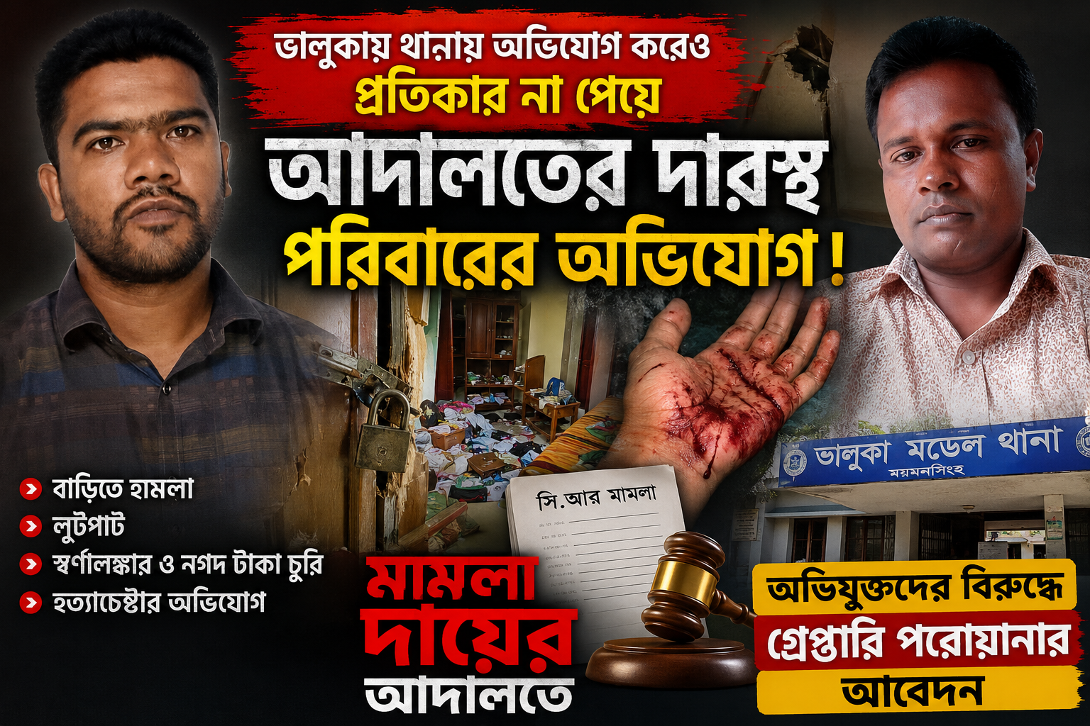 ভালুকায় থানায় অভিযোগ করেও প্রতিকার না পেয়ে আদালতের দ্বারস্থ পরিবারের অভিযোগ, বাড়িতে হামলা-লুটপাট ও হত্যাচেষ্টার মামলা