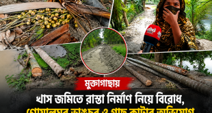 মুক্তাগাছায় খাস জমিতে রাস্তা নির্মাণ নিয়ে বিরোধ, গোয়ালঘর ভাঙচুর ও গাছ কাটার অভিযোগ